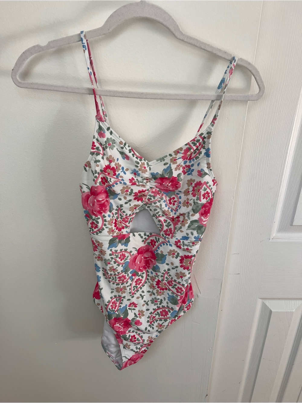 abercrombie kids White Floral One-Piece Swimsuit with Pink Roses